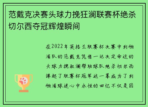 范戴克决赛头球力挽狂澜联赛杯绝杀切尔西夺冠辉煌瞬间